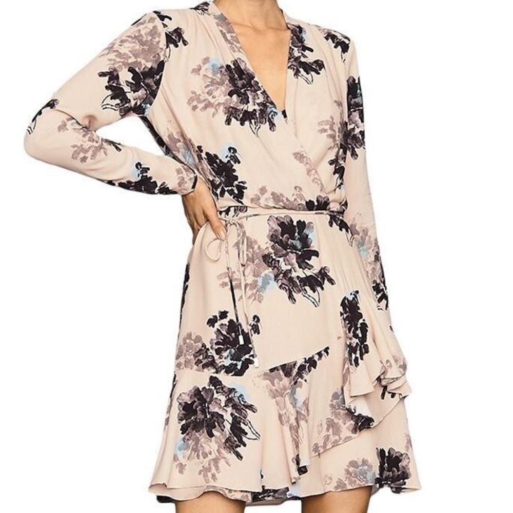 Reiss Beige Floral Long Sleeve Wrap Dress